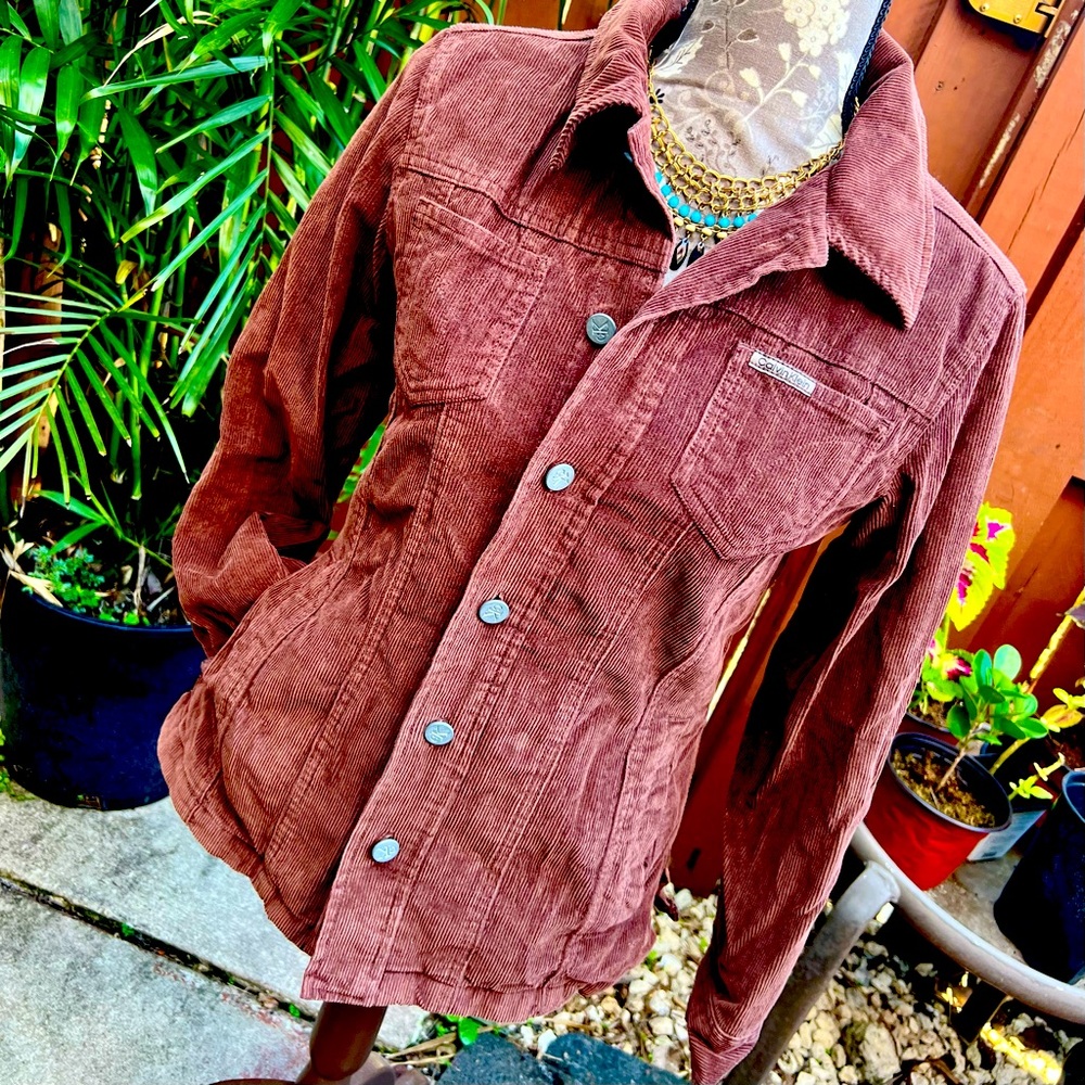 90s Retro cK Calvin Klein Jeans Cord Denim Jacket Satin-Lined Light Brown Sz S